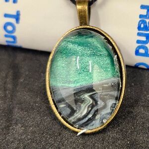 Hand Crafted Necklace Medallion Pendant 1" Oval  16 in Black Cord